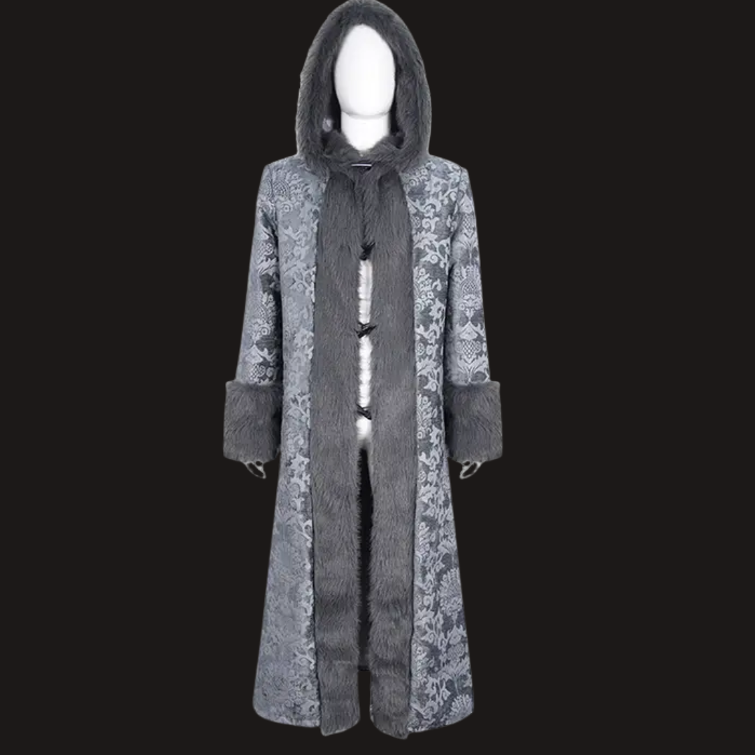 Grey Faux Fur Trim Brocade Coat - Festigal