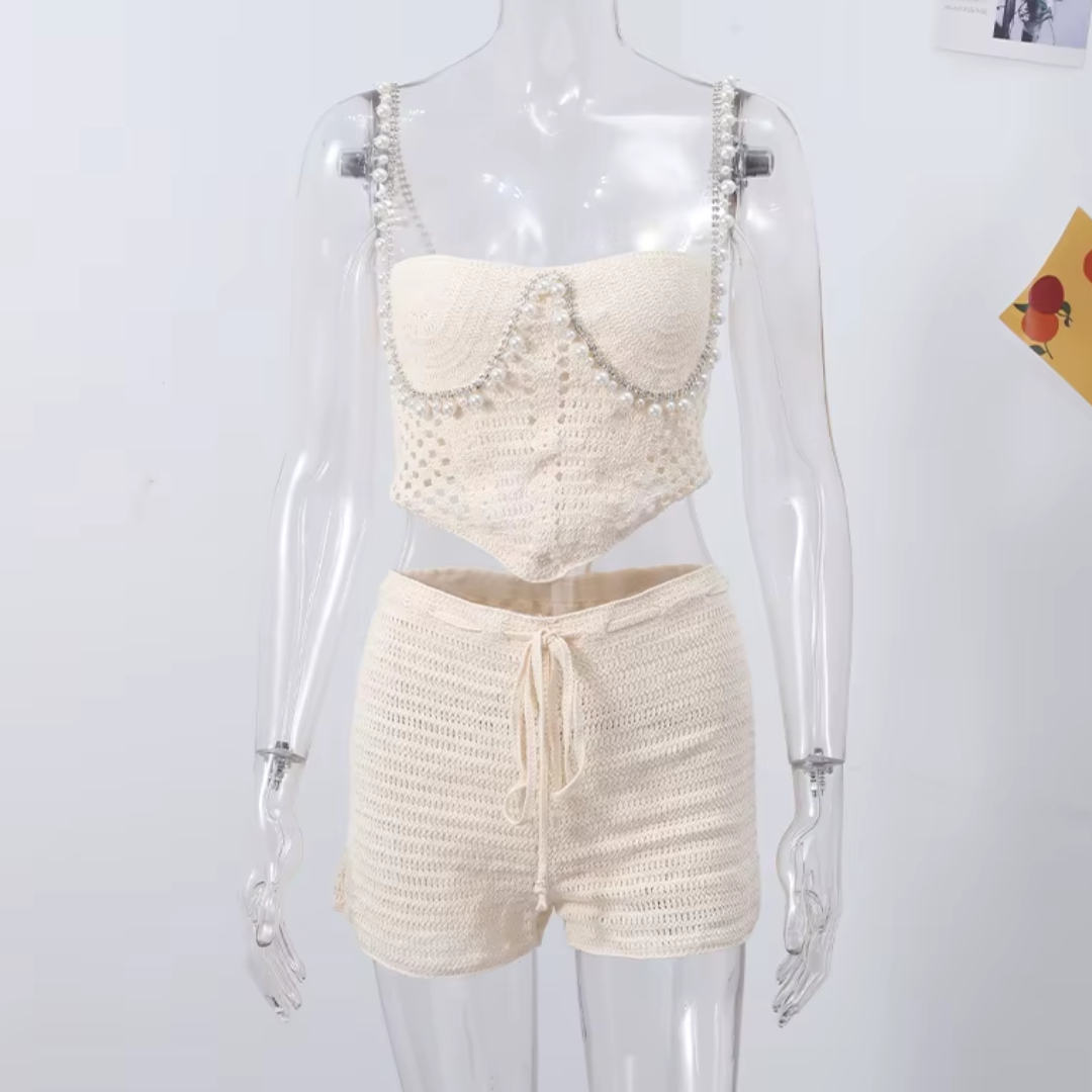 Crochet Pearl Trim Two Piece Set - Festigal
