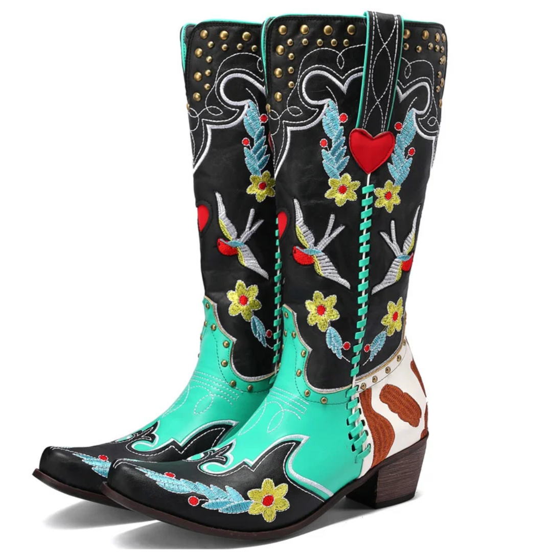 Embroidered Patchwork Cowboy Boots - Festigal