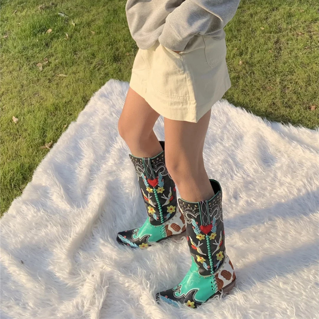 Embroidered Patchwork Cowboy Boots - Festigal