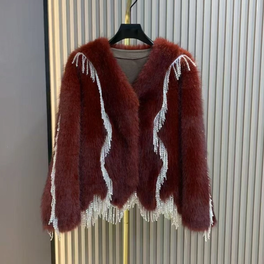 Faux Fur Beaded Tassel Jacket - Festigal