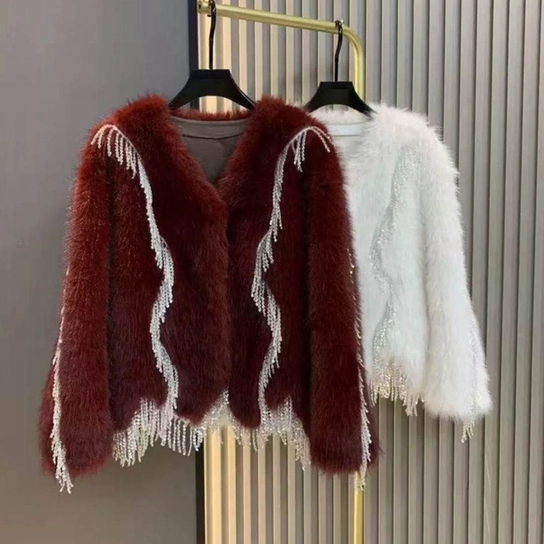 Faux Fur Beaded Tassel Jacket - Festigal