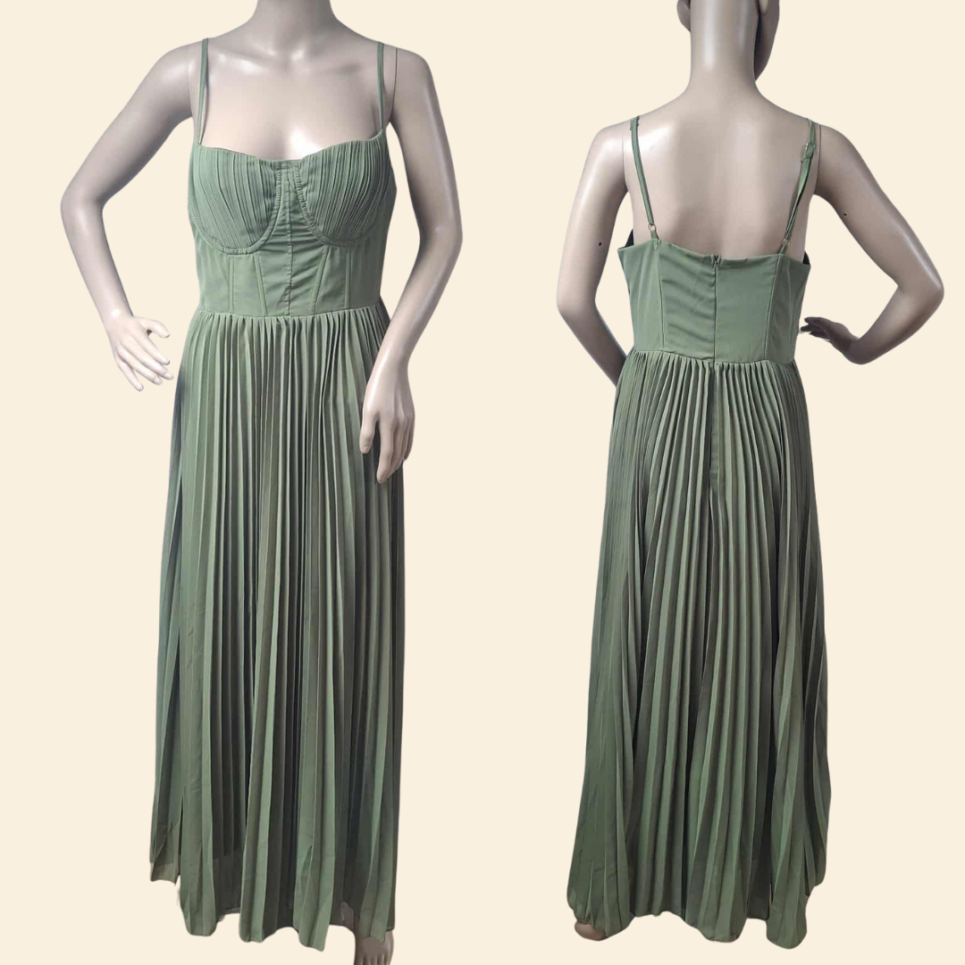 Green Pleated A-Line Dress - Festigal