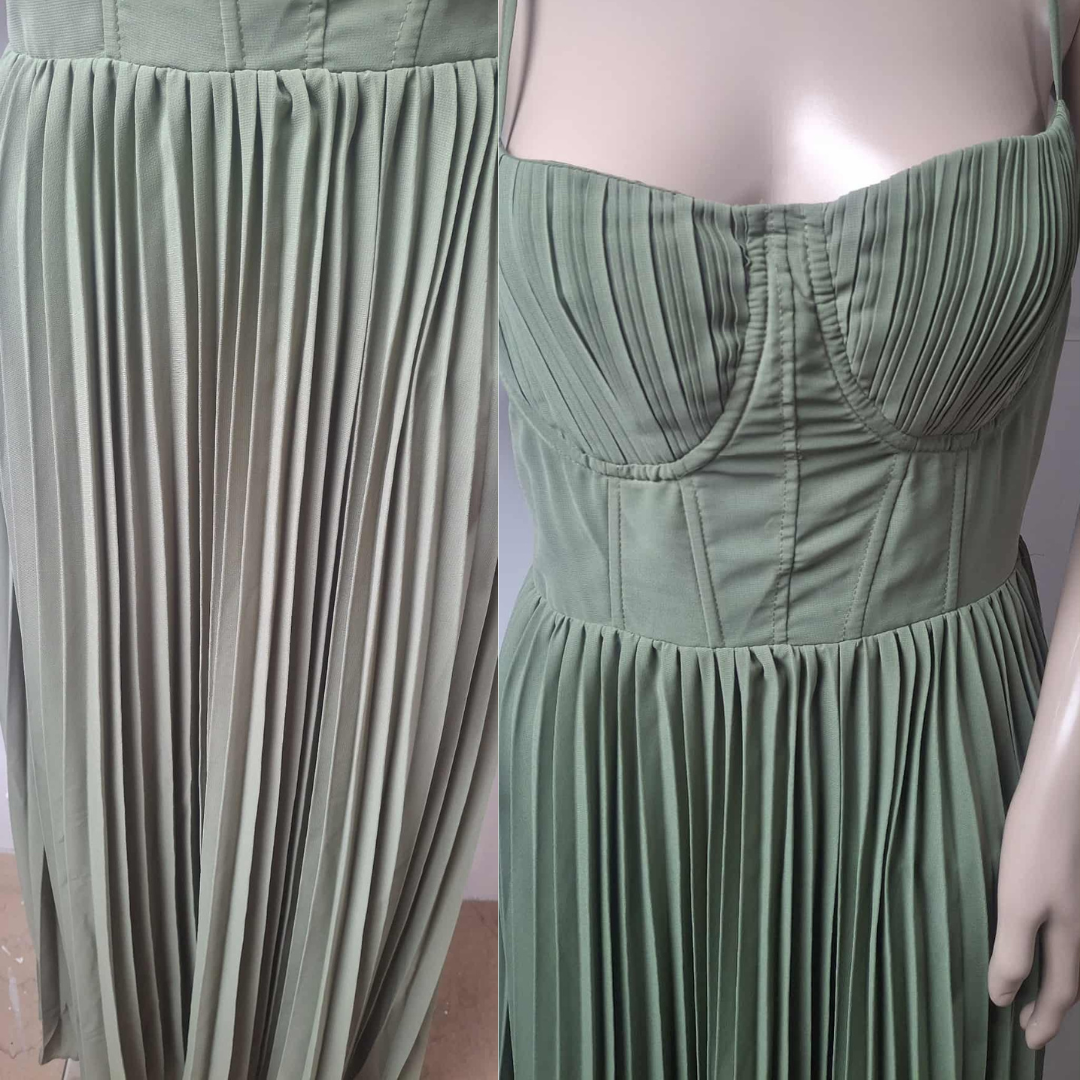 Green Pleated A-Line Dress - Festigal