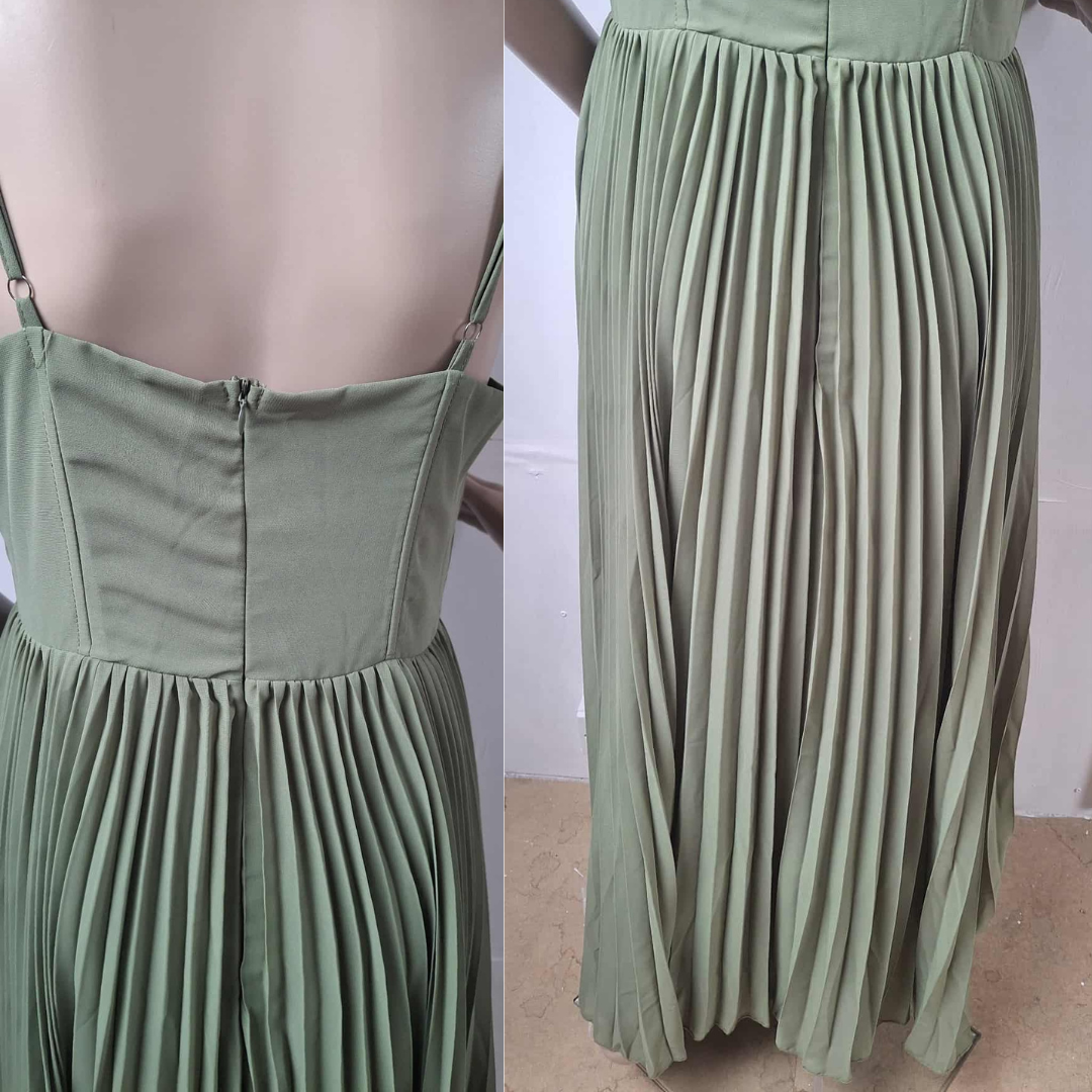 Green Pleated A-Line Dress - Festigal