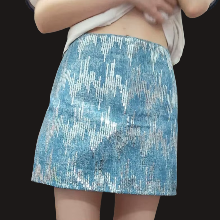 Blue Sequin High Waist Skirt - Festigal