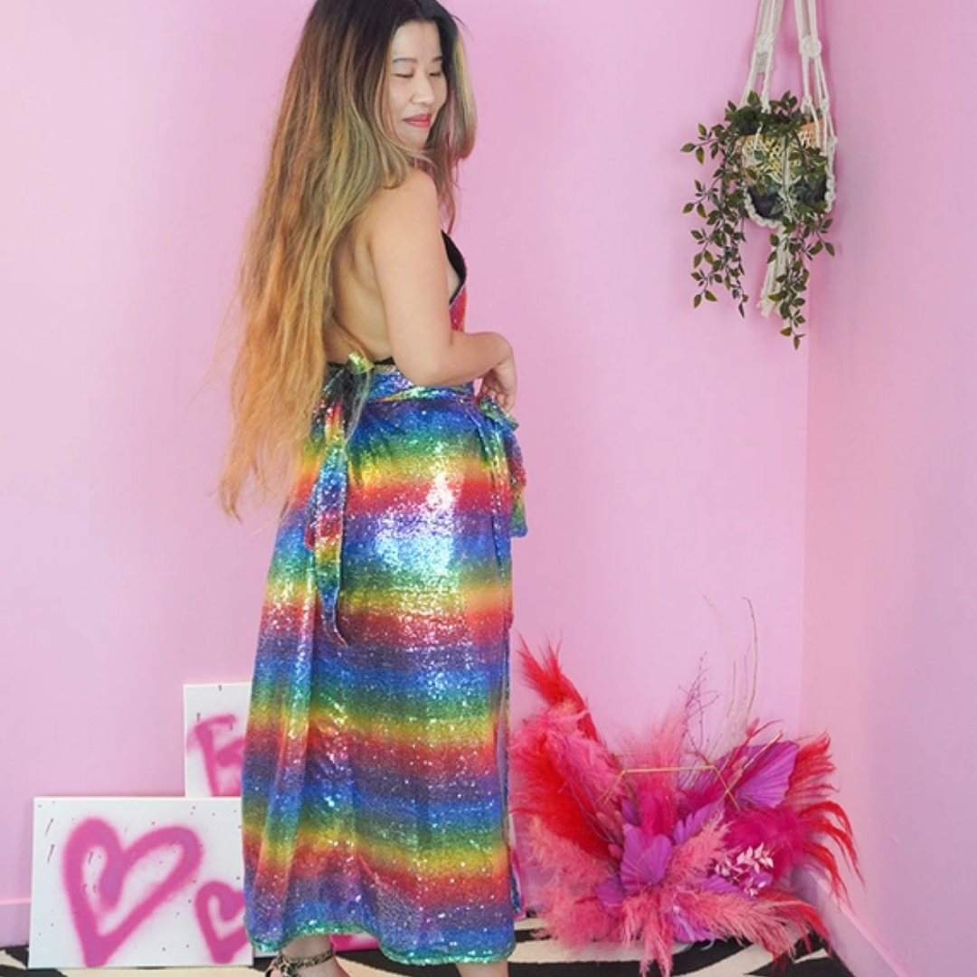 Neon Pastel Rainbow Sequin Wrap Skirt & Top Set