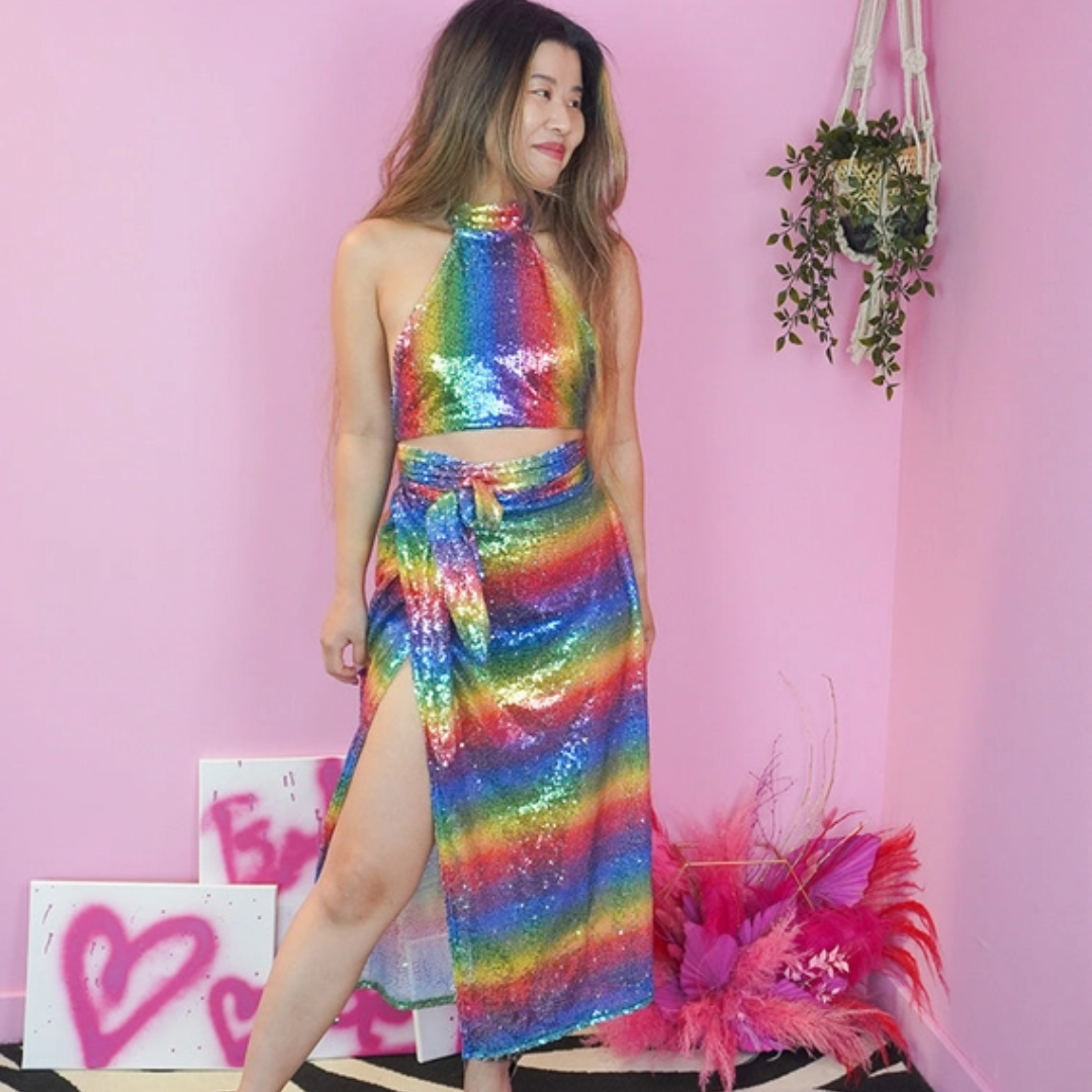 Neon Pastel Rainbow Sequin Wrap Skirt & Top Set