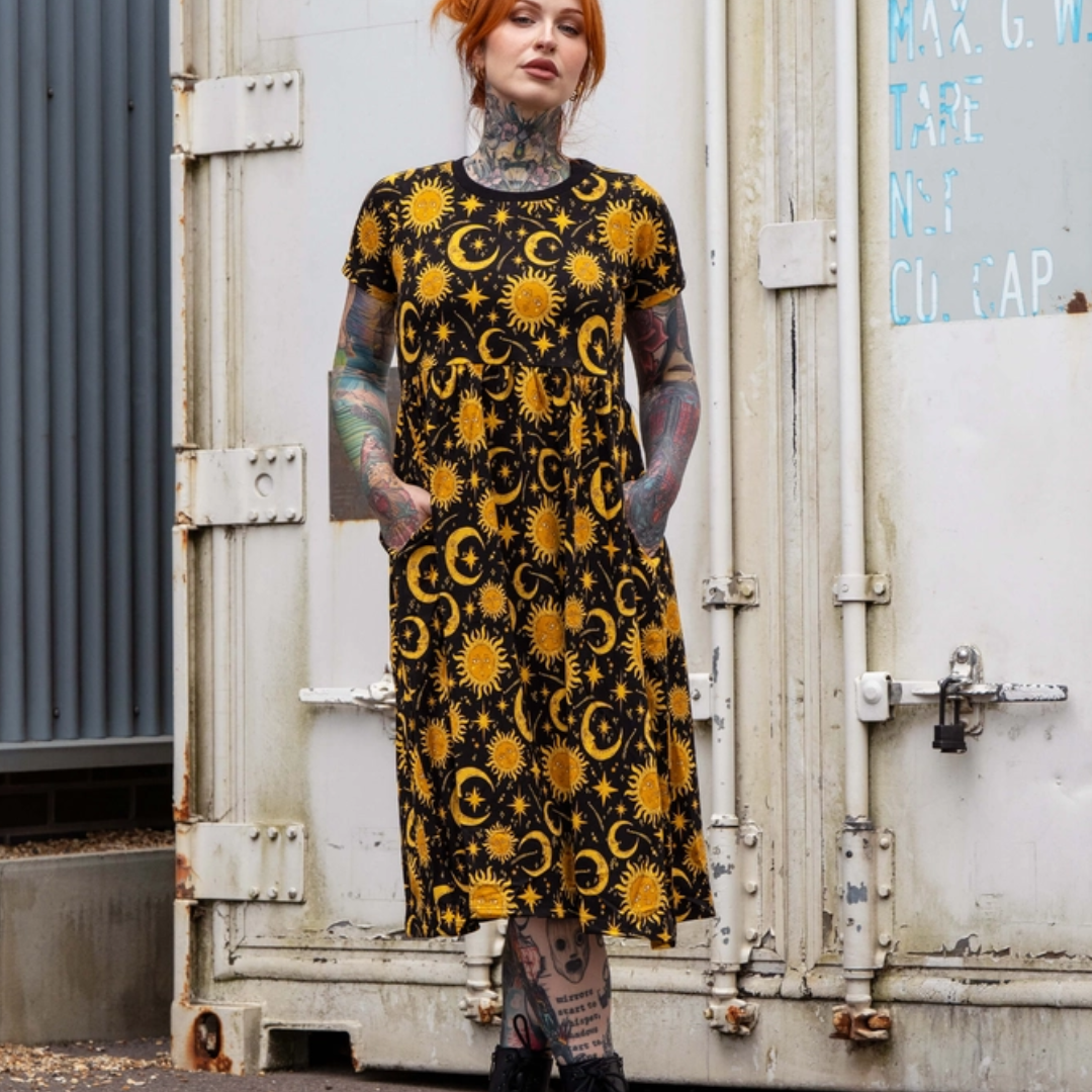Celestial Sun and Moon Stretch Midi Smock Dress