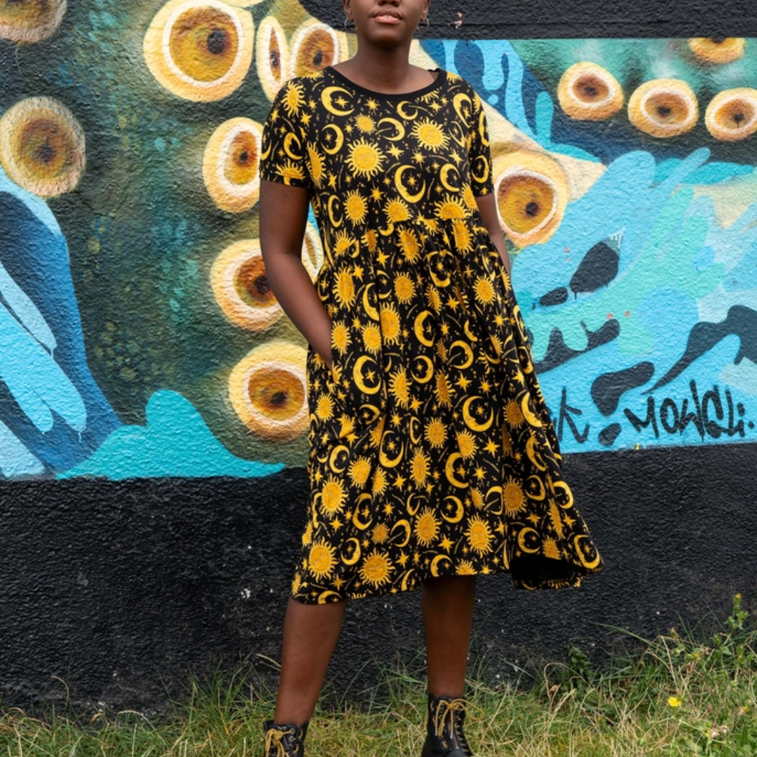 Celestial Sun and Moon Stretch Midi Smock Dress