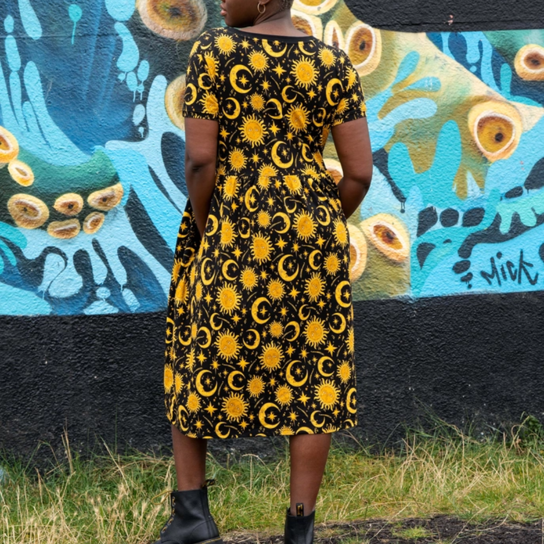 Celestial Sun and Moon Stretch Midi Smock Dress