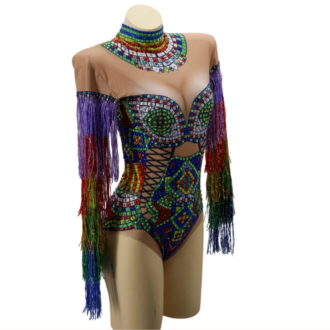 Rainbow Tassel Eye Rhinestone Bodysuit