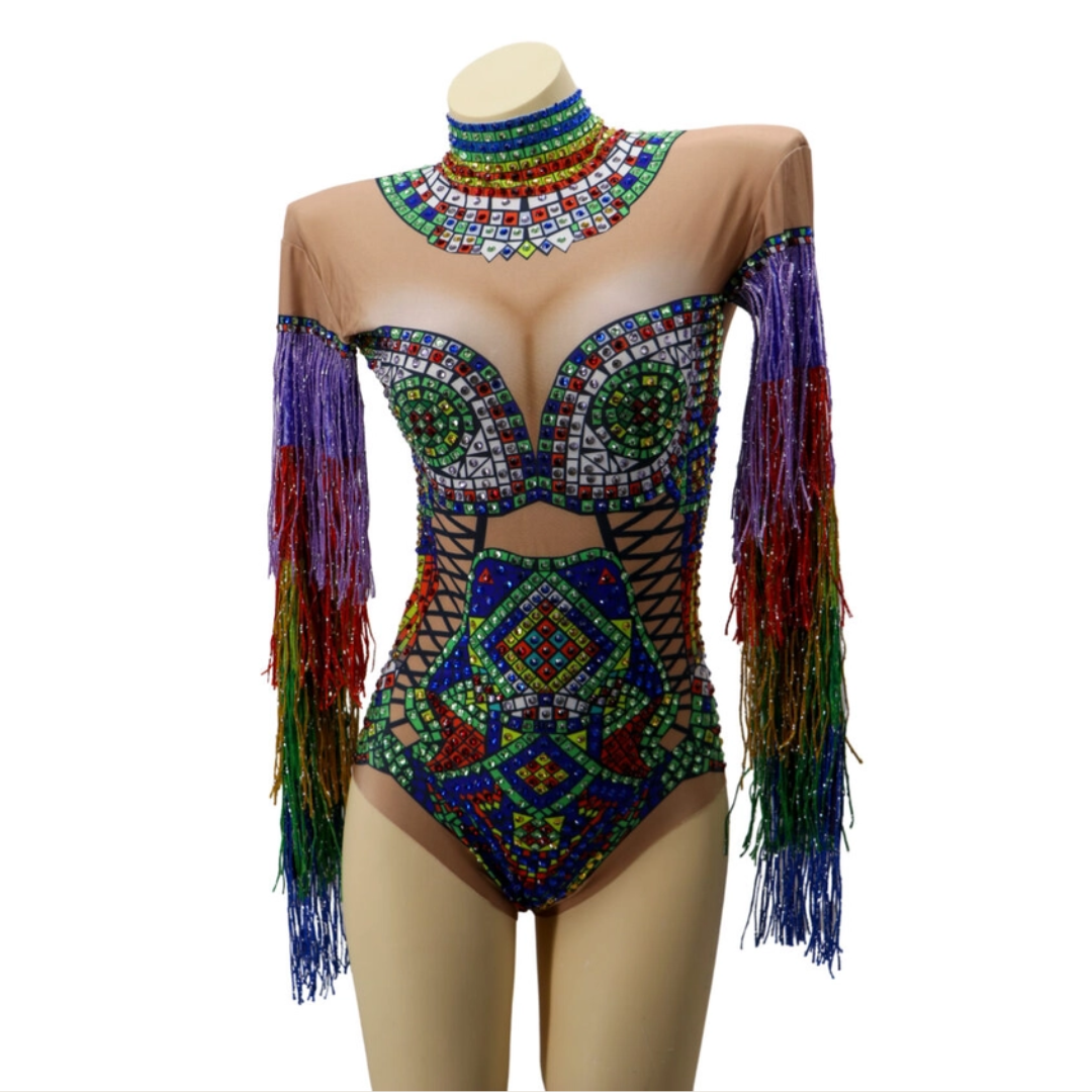 Rainbow Tassel Eye Rhinestone Bodysuit