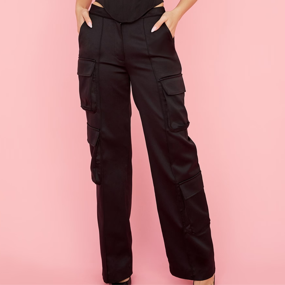 Daria Black Satin Straight Leg Cargo Trousers