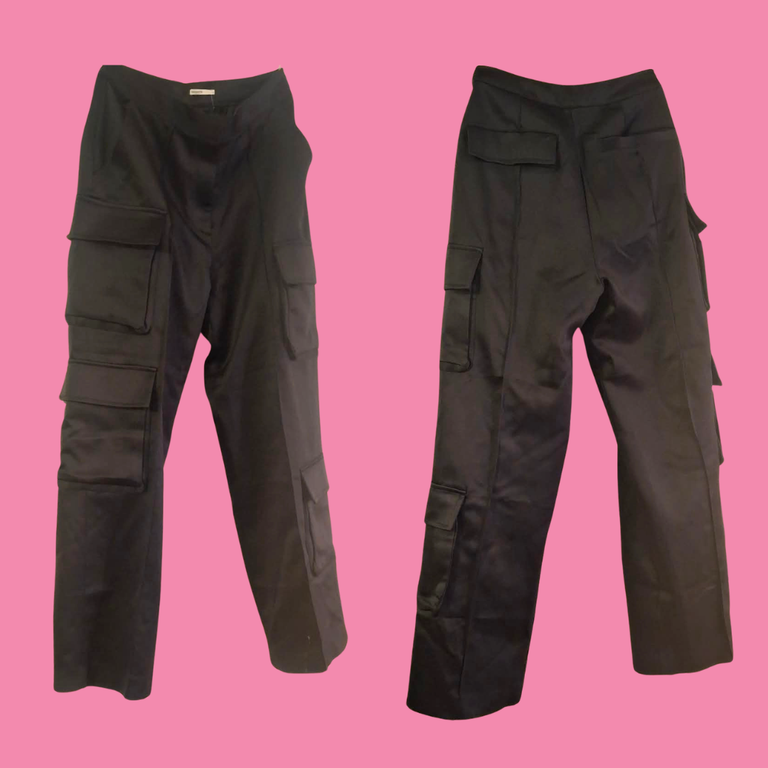 Daria Black Satin Straight Leg Cargo Trousers