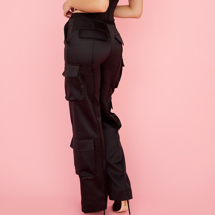 Daria Black Satin Straight Leg Cargo Trousers
