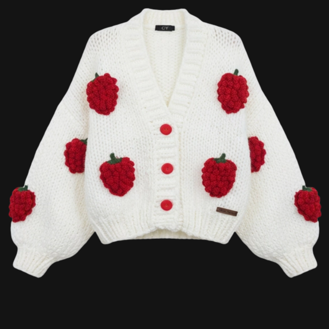 Hand Knitted Strawberry Applique Cardigan
