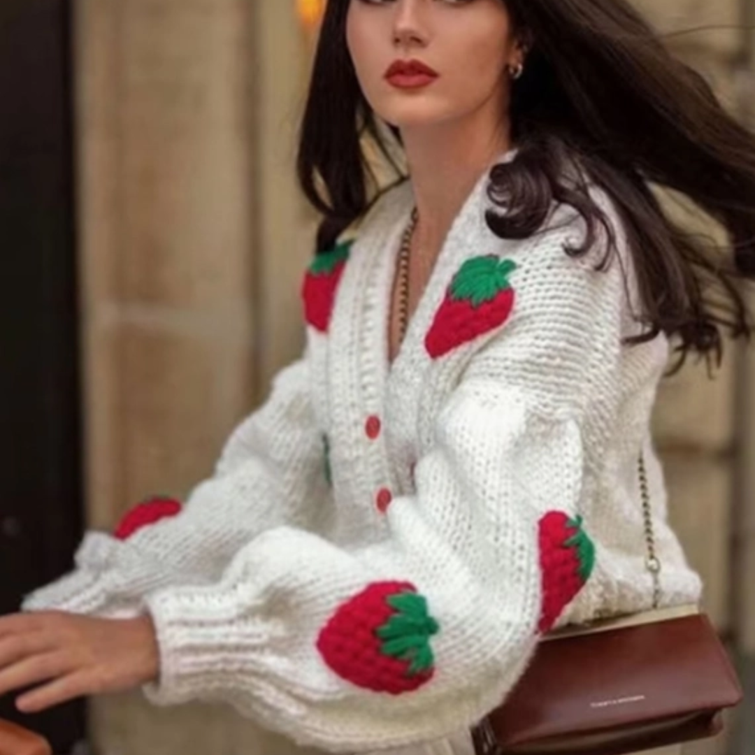 Hand Knitted Strawberry Applique Cardigan