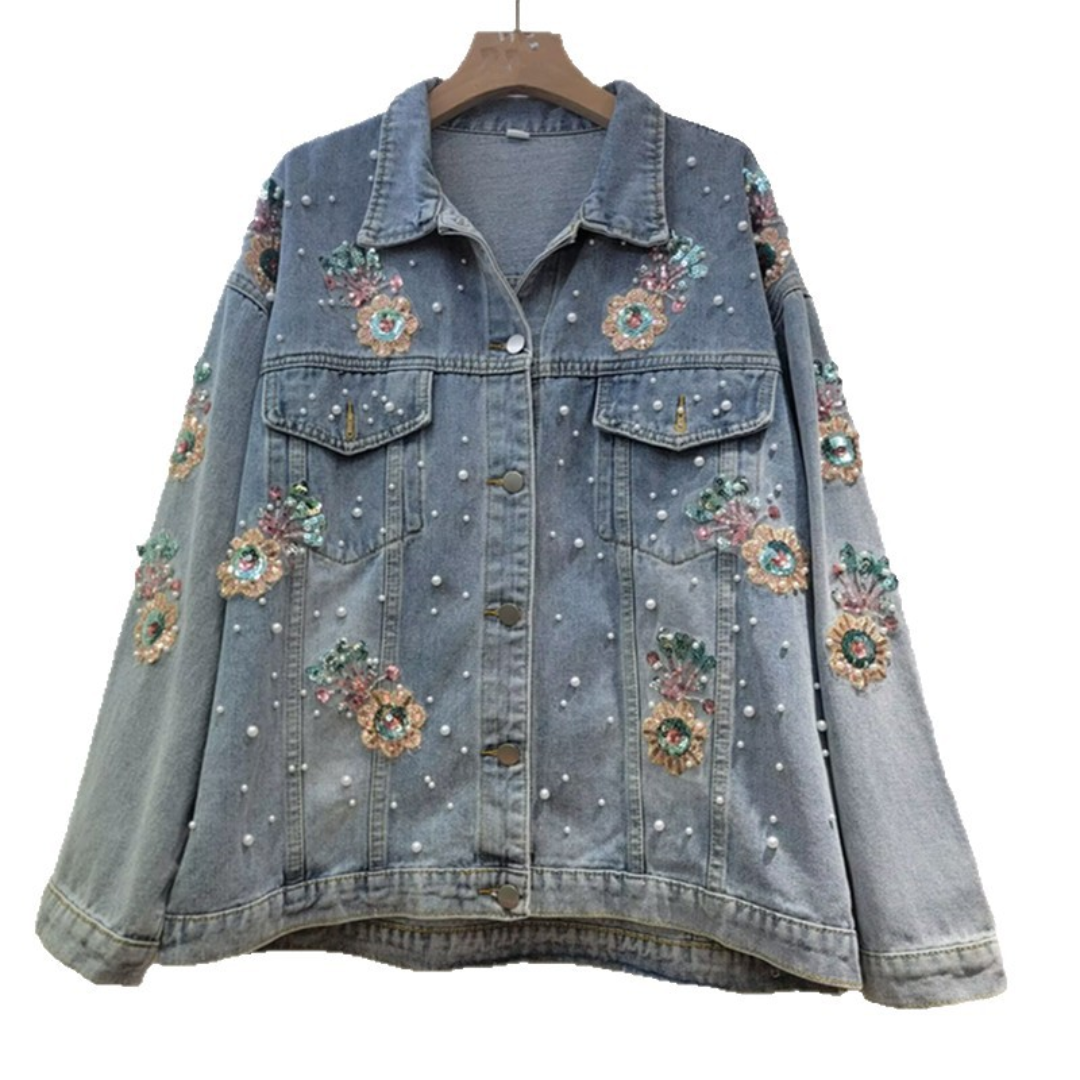 Floral Embroidered Pearl Denim Jacket