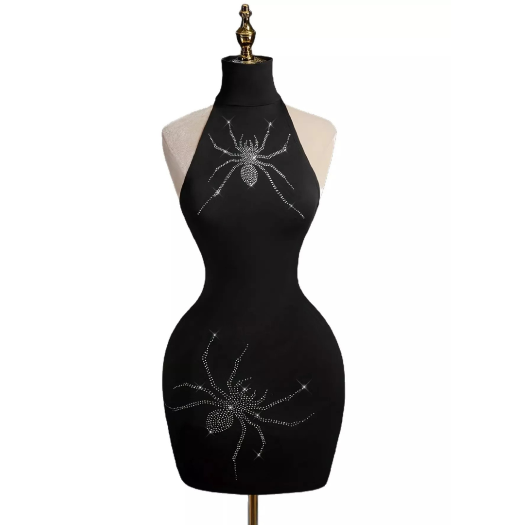Rhinestone Spider Halter Neck Bodycon Dress