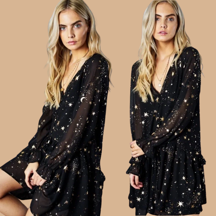 Black/Gold Star & Moon Flowy Midi Dress