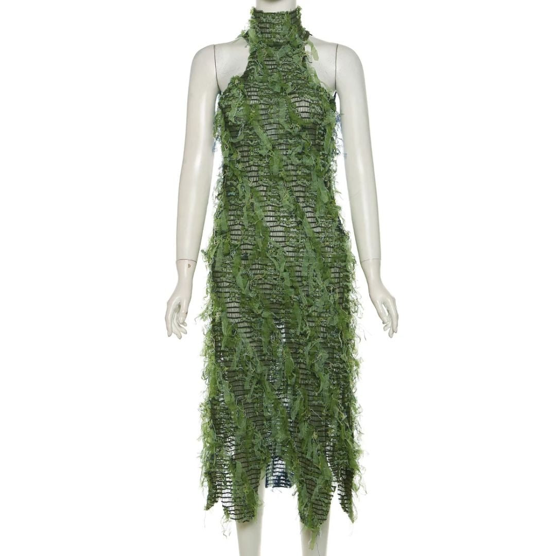 Green Forest Halter Tassel Dress