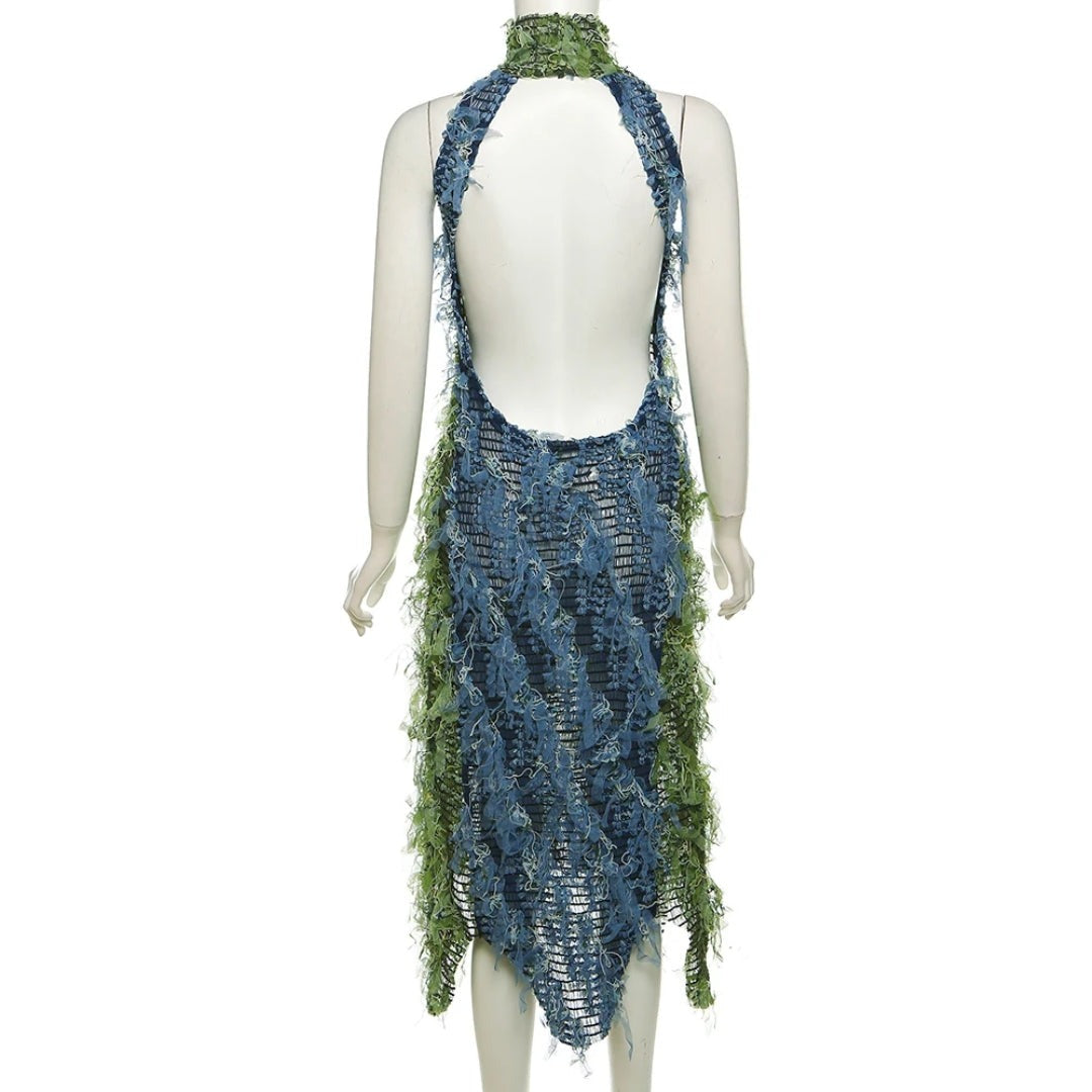 Green Forest Halter Tassel Dress