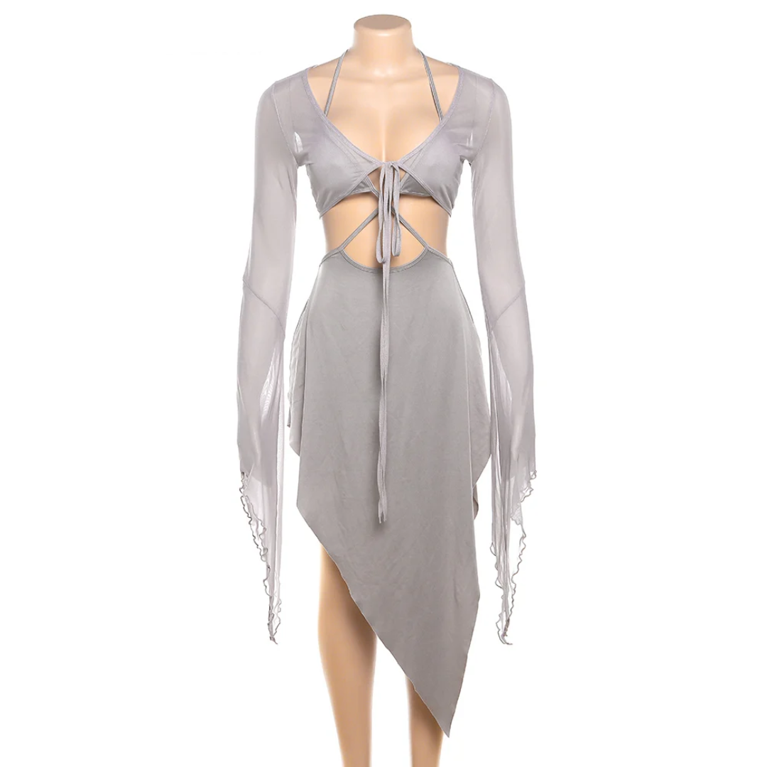 Asymmetrical Bell Sleeve Lace-Up Dress - Festigal