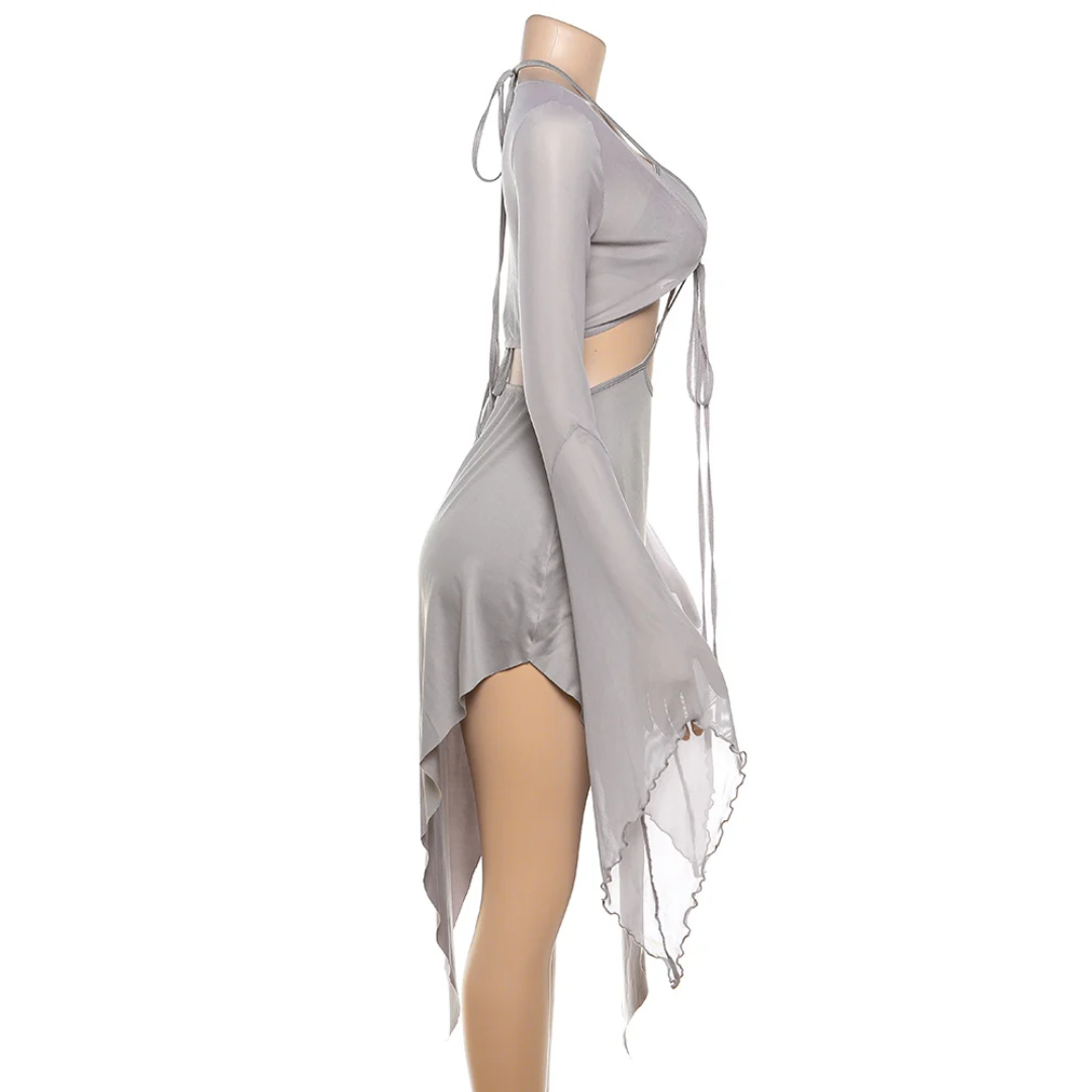 Asymmetrical Bell Sleeve Lace-Up Dress - Festigal