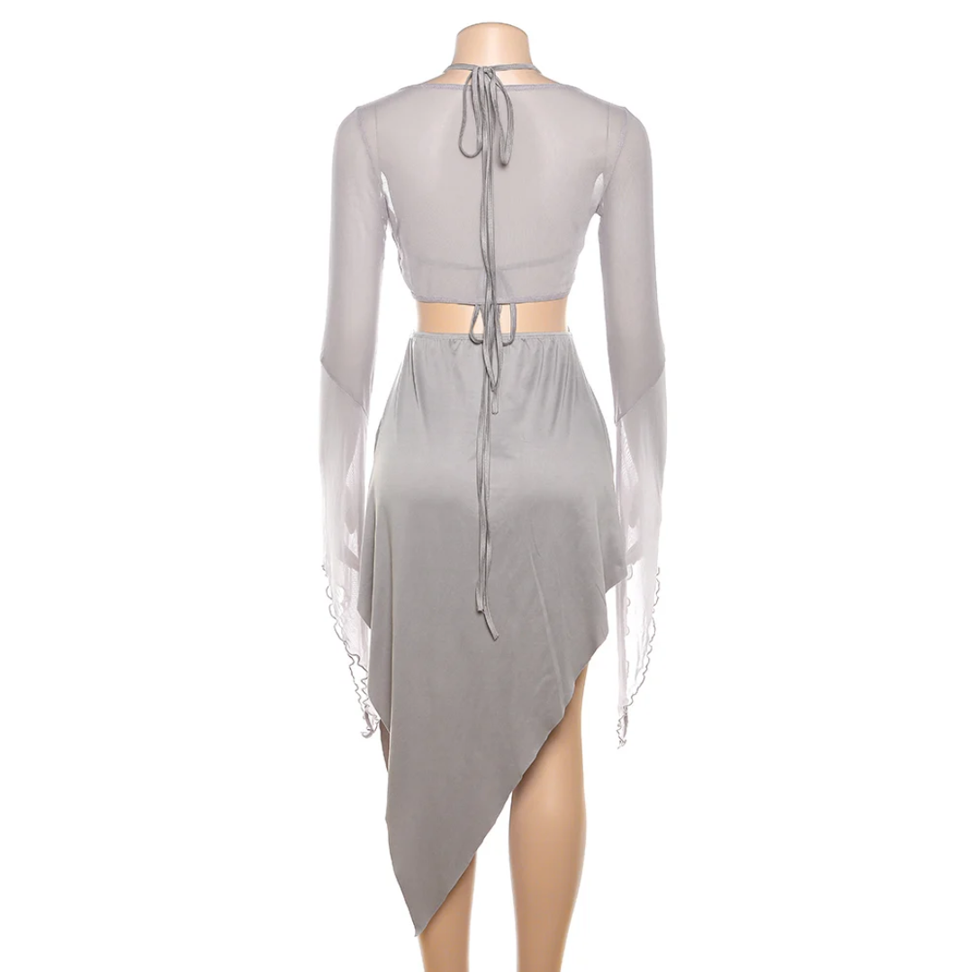 Asymmetrical Bell Sleeve Lace-Up Dress - Festigal