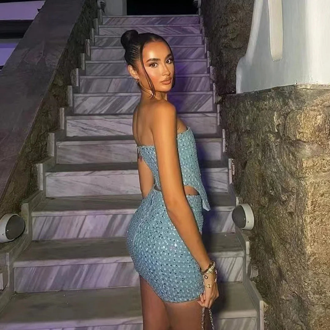 Sequin Denim Corset and Skirt Two-Piece Set - Festigal