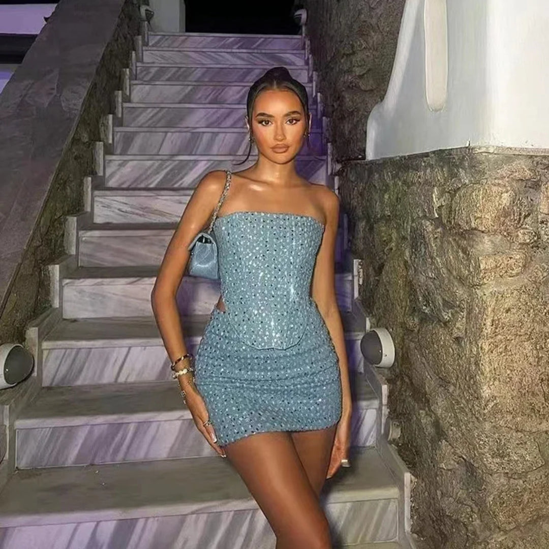 Sequin Denim Corset and Skirt Two-Piece Set - Festigal