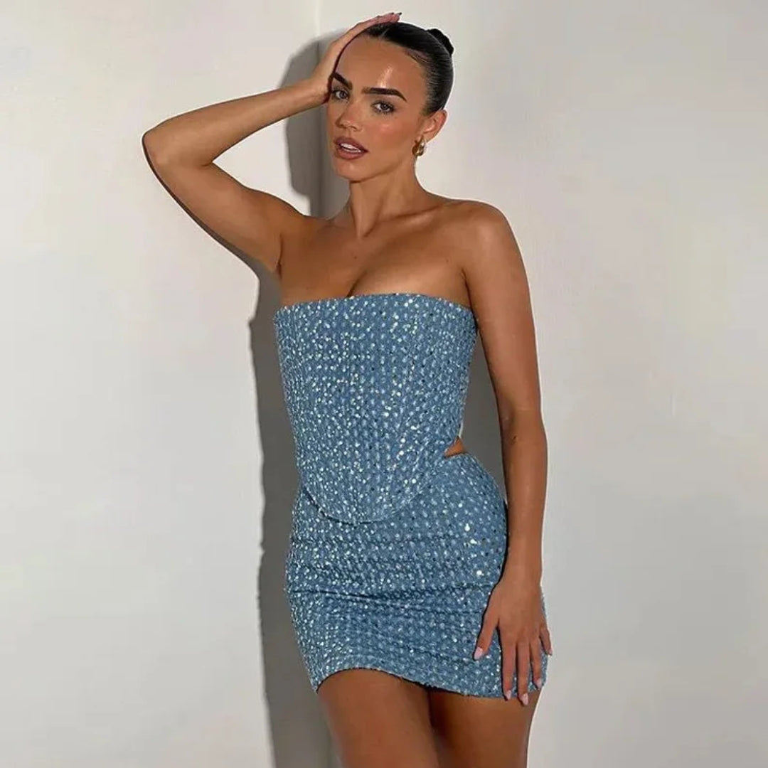 Sequin Denim Corset and Skirt Two-Piece Set - Festigal