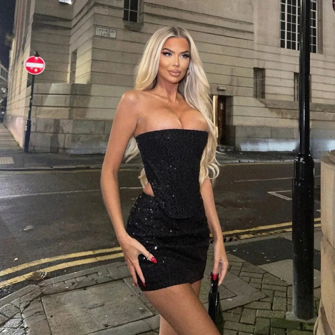 Sequin Denim Corset and Skirt Two-Piece Set - Festigal