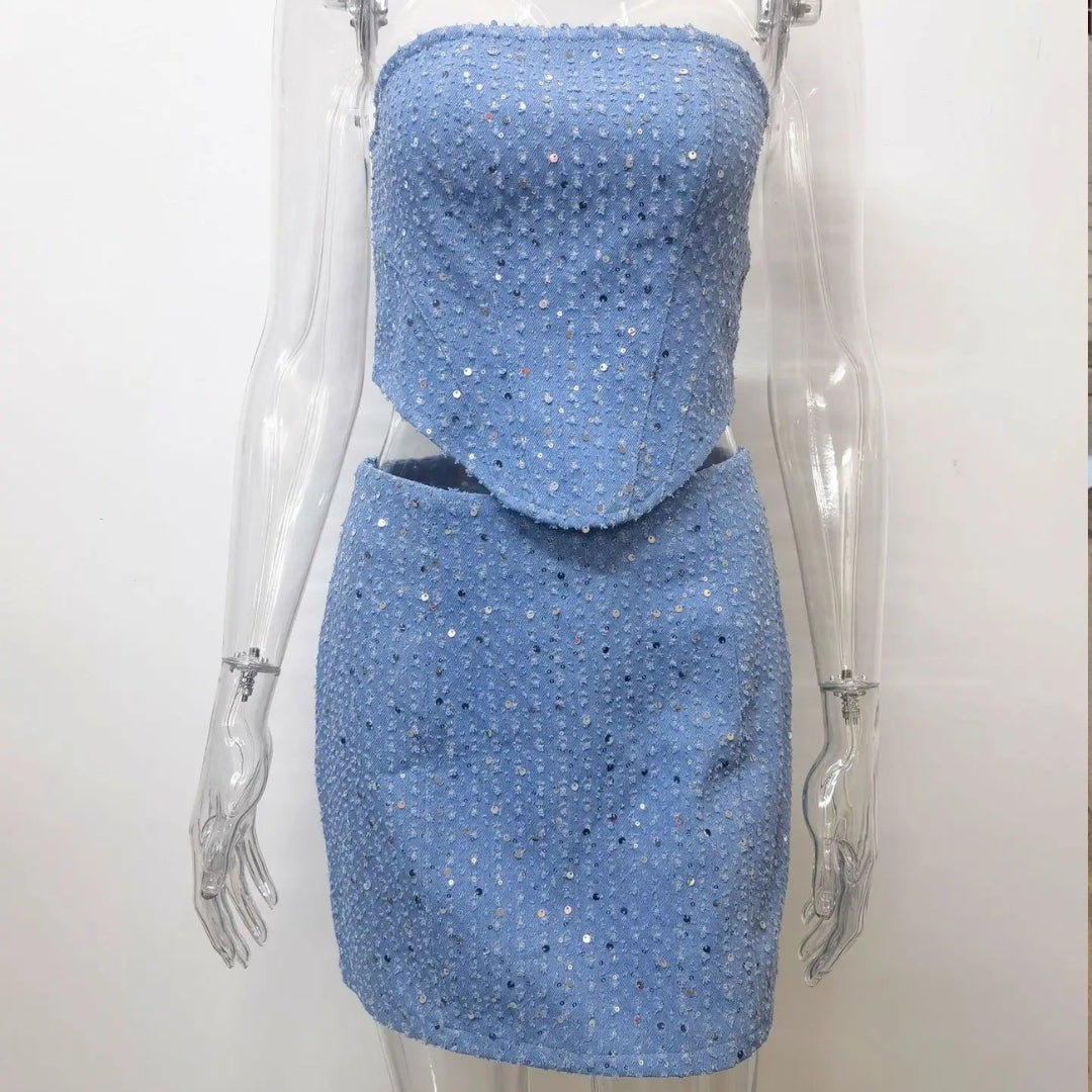 Sequin Denim Corset and Skirt Two-Piece Set