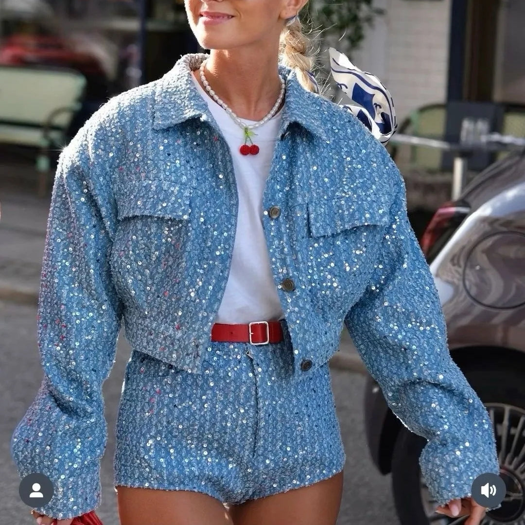 Sequin Denim Jacket and Shorts Two-Piece Set