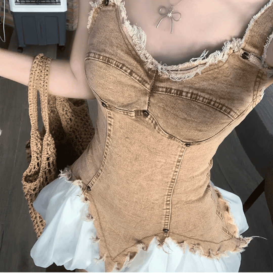 Denim Distressed Tank Top & Bubble Skirt Two Piece Set - Festigal