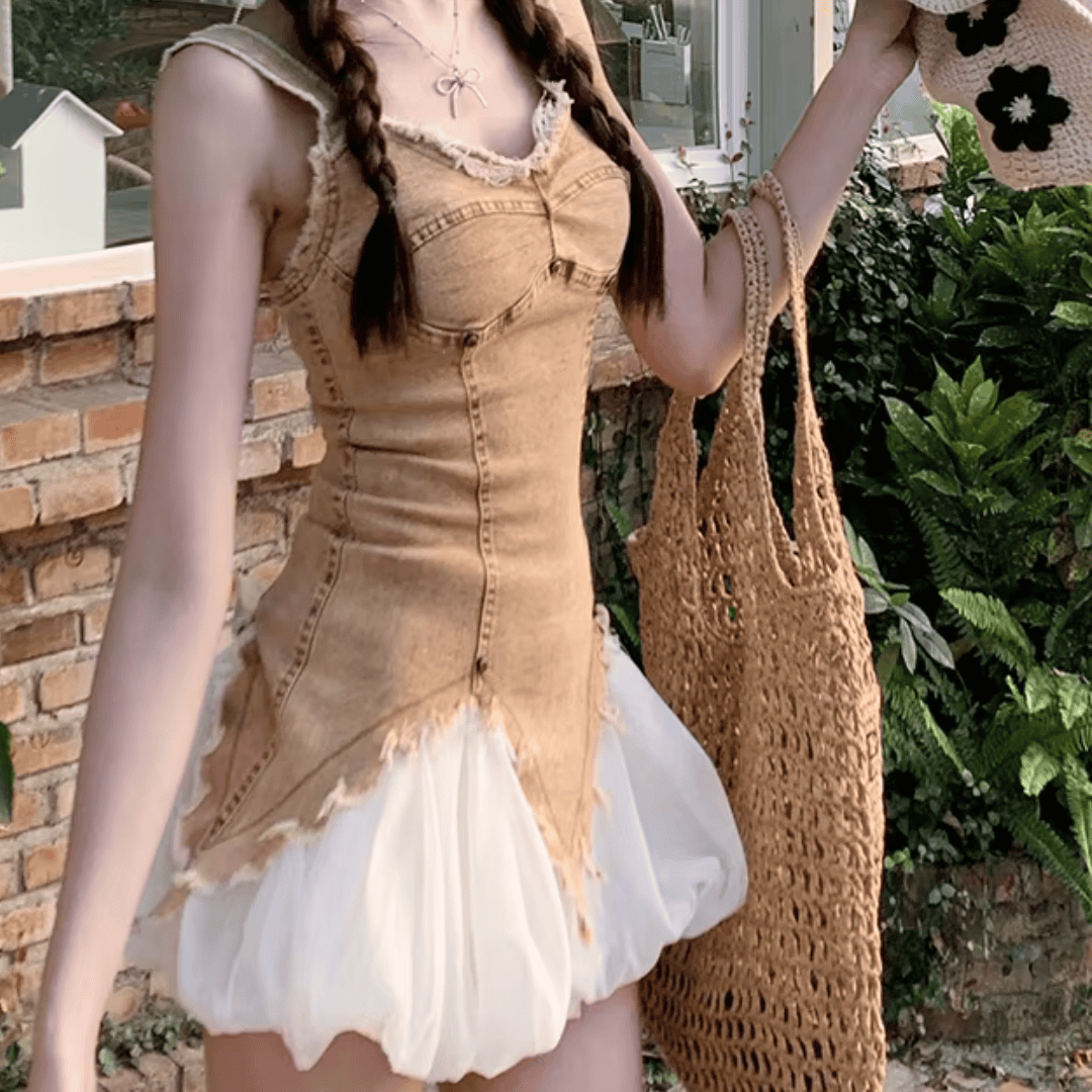 Denim Distressed Tank Top & Bubble Skirt Two Piece Set - Festigal