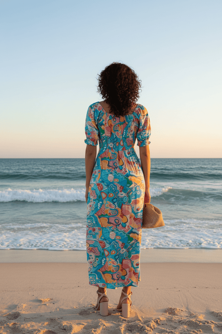 Abstract Puffed Sleeve Maxi Dress