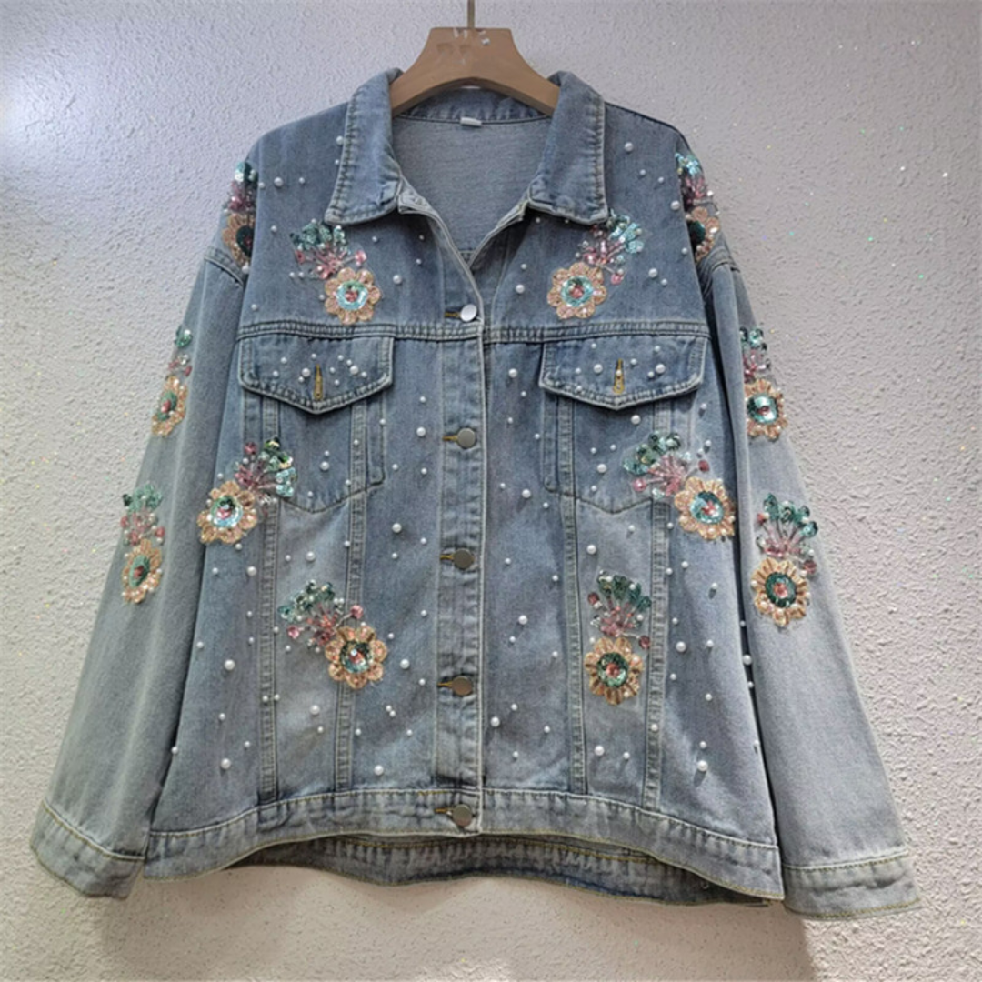 Floral Embroidered Pearl Denim Jacket