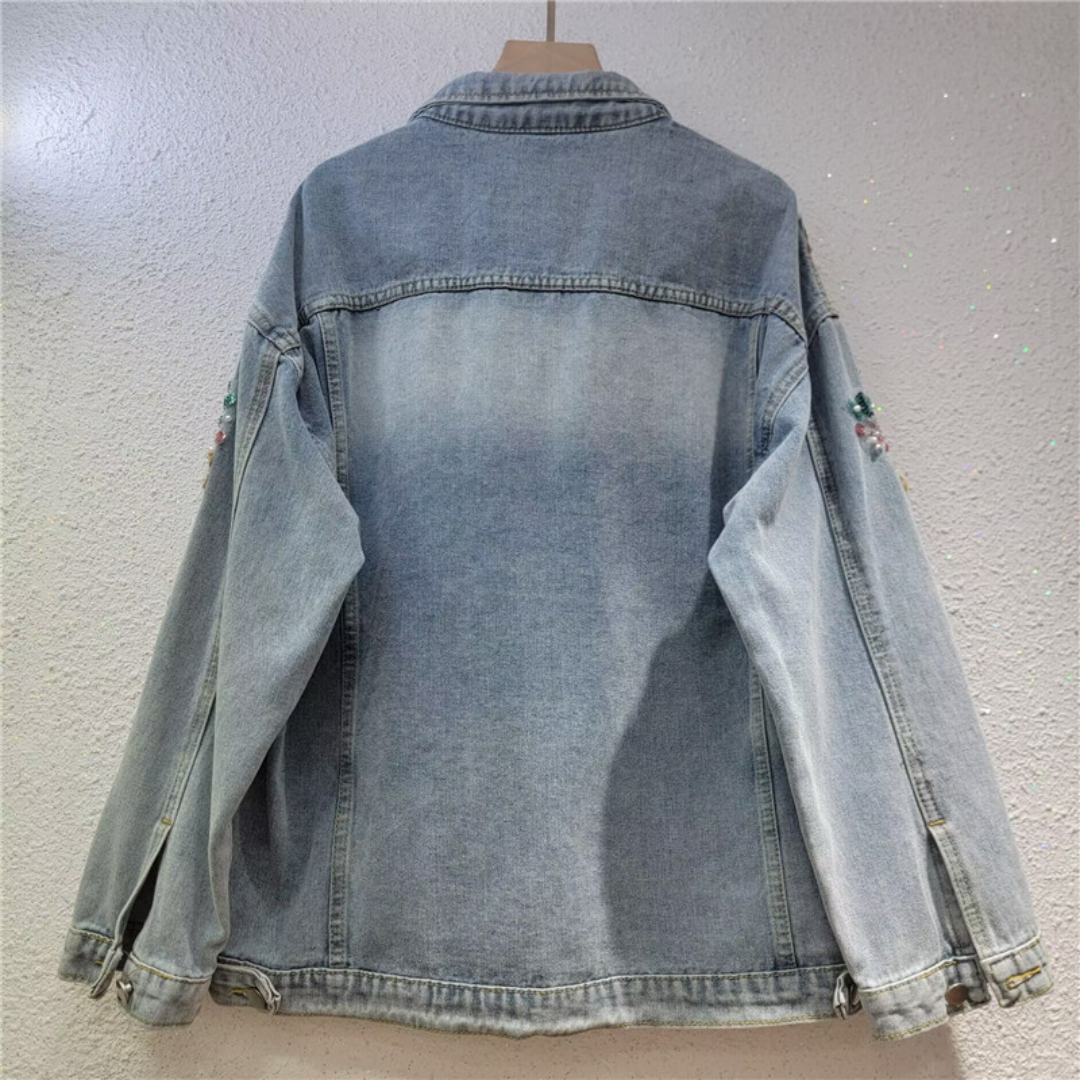 Floral Embroidered Pearl Denim Jacket