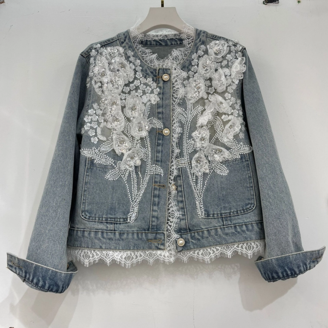 Lace & 3D Floral Embellished Denim Jacket