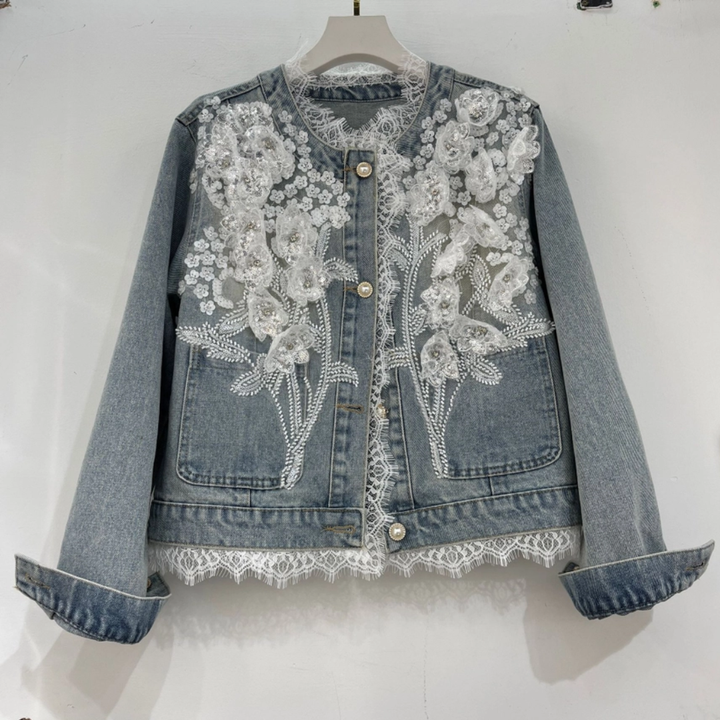 Lace & 3D Floral Embellished Denim Jacket
