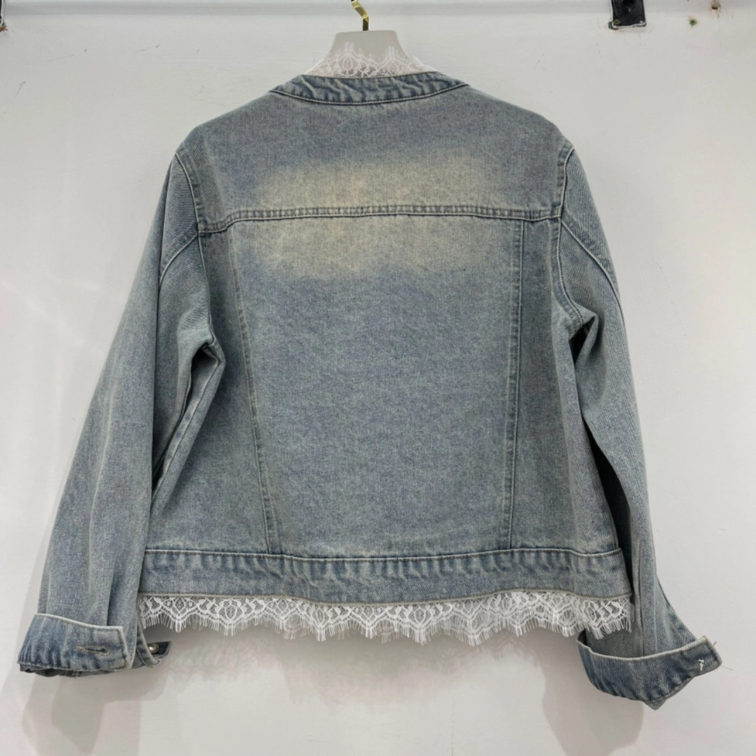Lace & 3D Floral Embellished Denim Jacket