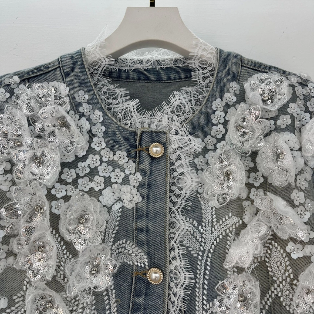 Lace & 3D Floral Embellished Denim Jacket