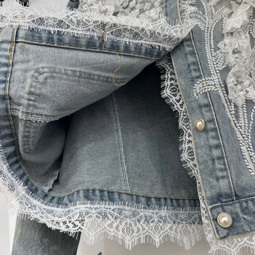 Lace & 3D Floral Embellished Denim Jacket