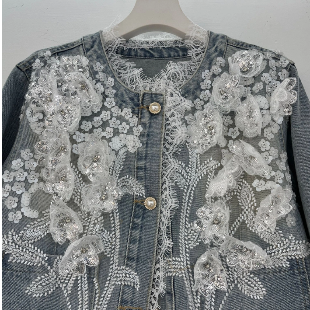 Lace & 3D Floral Embellished Denim Jacket