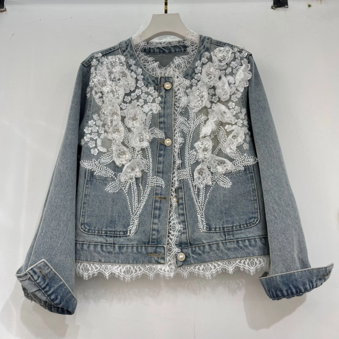 Lace & 3D Floral Embellished Denim Jacket