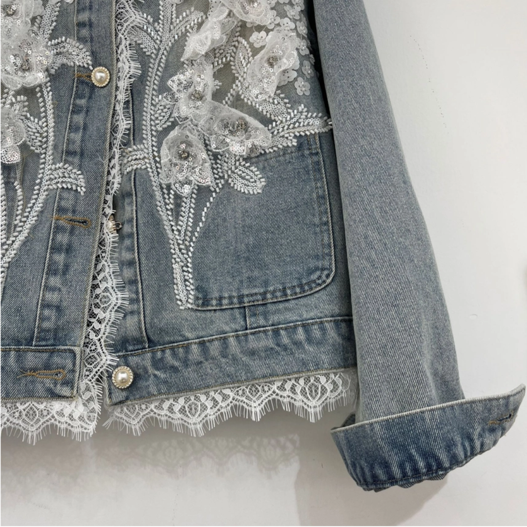 Lace & 3D Floral Embellished Denim Jacket