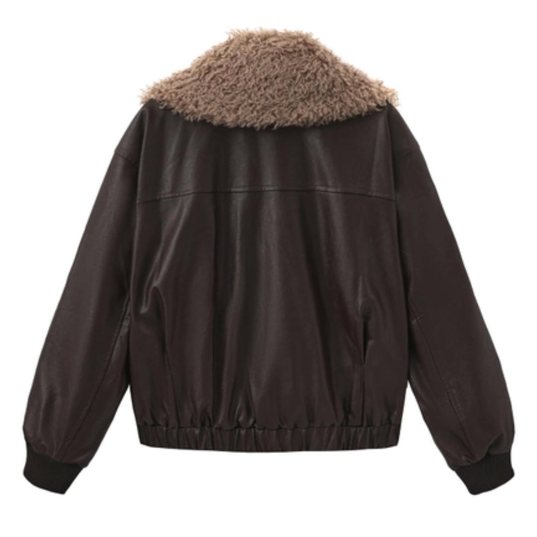 Faux Shearling Collar Leather Jacket